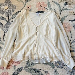 Nine West Ivory V-Neck Ruffle-Trim Button Front Blouse